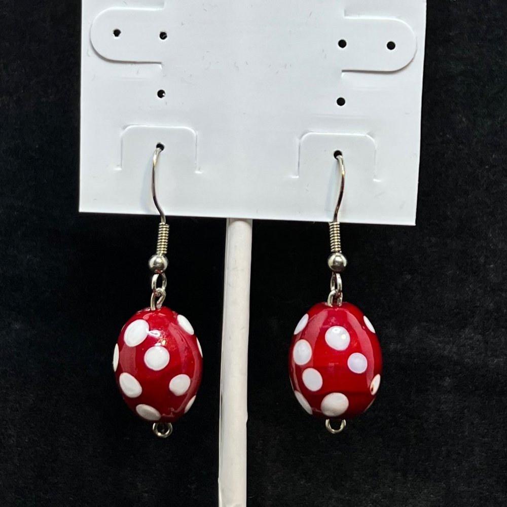 Silver Tone With Red & White Polka Dot Blown Glass Beads Pierced Earrings (3648)